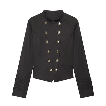 Women's tailored short blazer in sailor military style with stand-up collar and decorative buttons EVA-US