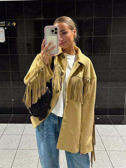 Women's Oversize Fringed Jacket in Western Style made of Suede Look with Shirt Collar EVA-US