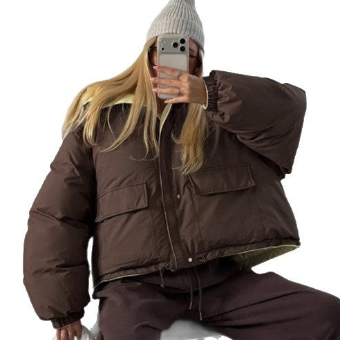 Women's Short Oversized Padded Jacket with High Collar and Quilted Lining EVA-US