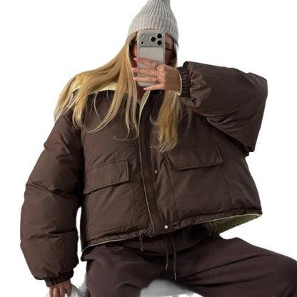 Women's Short Oversized Padded Jacket with High Collar and Quilted Lining EVA-US