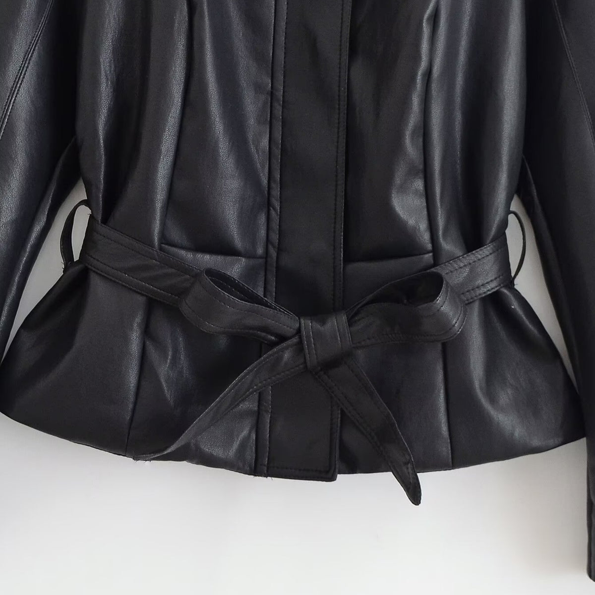 Women's Tailored Leather Look Jacket with Tie Belt and Balloon Sleeves EVA-US