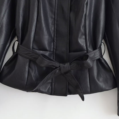 Women's Tailored Leather Look Jacket with Tie Belt and Balloon Sleeves EVA-US