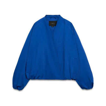 Women's bomber-style short jacket with kimono collar, balloon sleeves, and elastic hem EVA-US