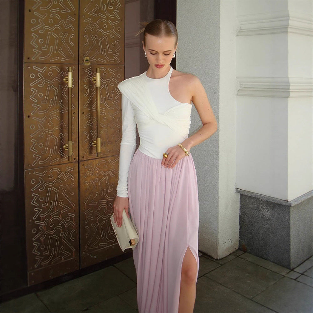Women's Asymmetrical One-Shoulder Maxi Dress with Draped Top, Long Pleated Skirt and Leg Slit EVA-US