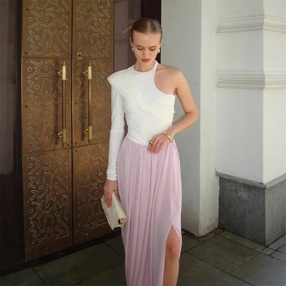 Women's Asymmetrical One-Shoulder Maxi Dress with Draped Top, Long Pleated Skirt and Leg Slit EVA-US