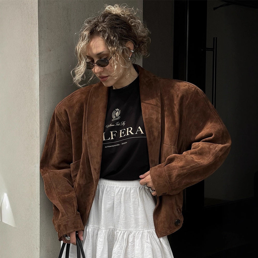 Women's Short Suede Boxy Jacket with Kimono-like Lapel EVA-US