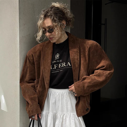 Women's Short Suede Boxy Jacket with Kimono-like Lapel EVA-US