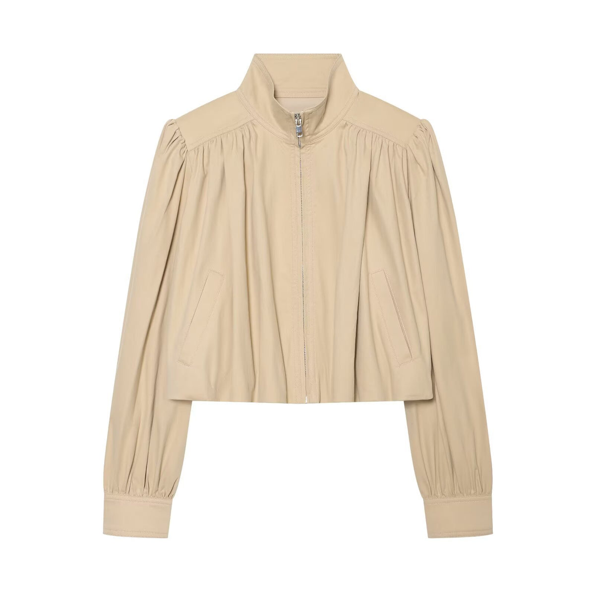 Women’s Lightweight Cropped Jacket with Gathered Shoulders, Stand Collar and Zipper EVA-US
