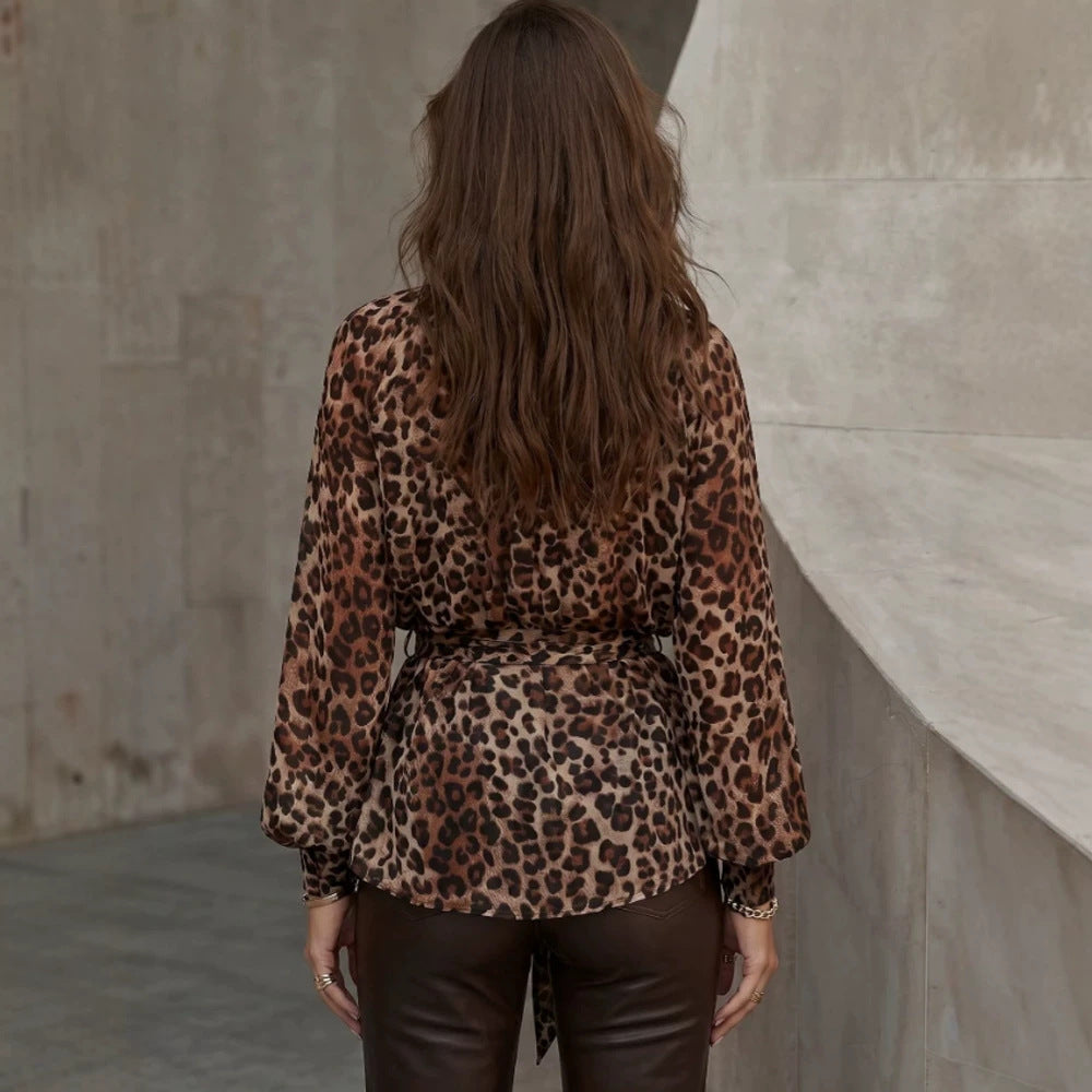 Women's chiffon blouse with leopard print, stand-up collar and tie bow EVA-US
