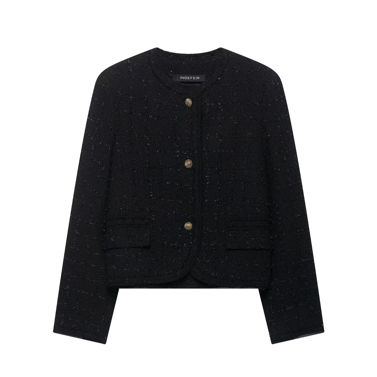 Women's Short Bouclé Tweed Jacket without Collar with Gold Decorative Buttons EVA-US