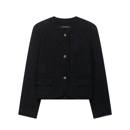 Women's Short Bouclé Tweed Jacket without Collar with Gold Decorative Buttons EVA-US