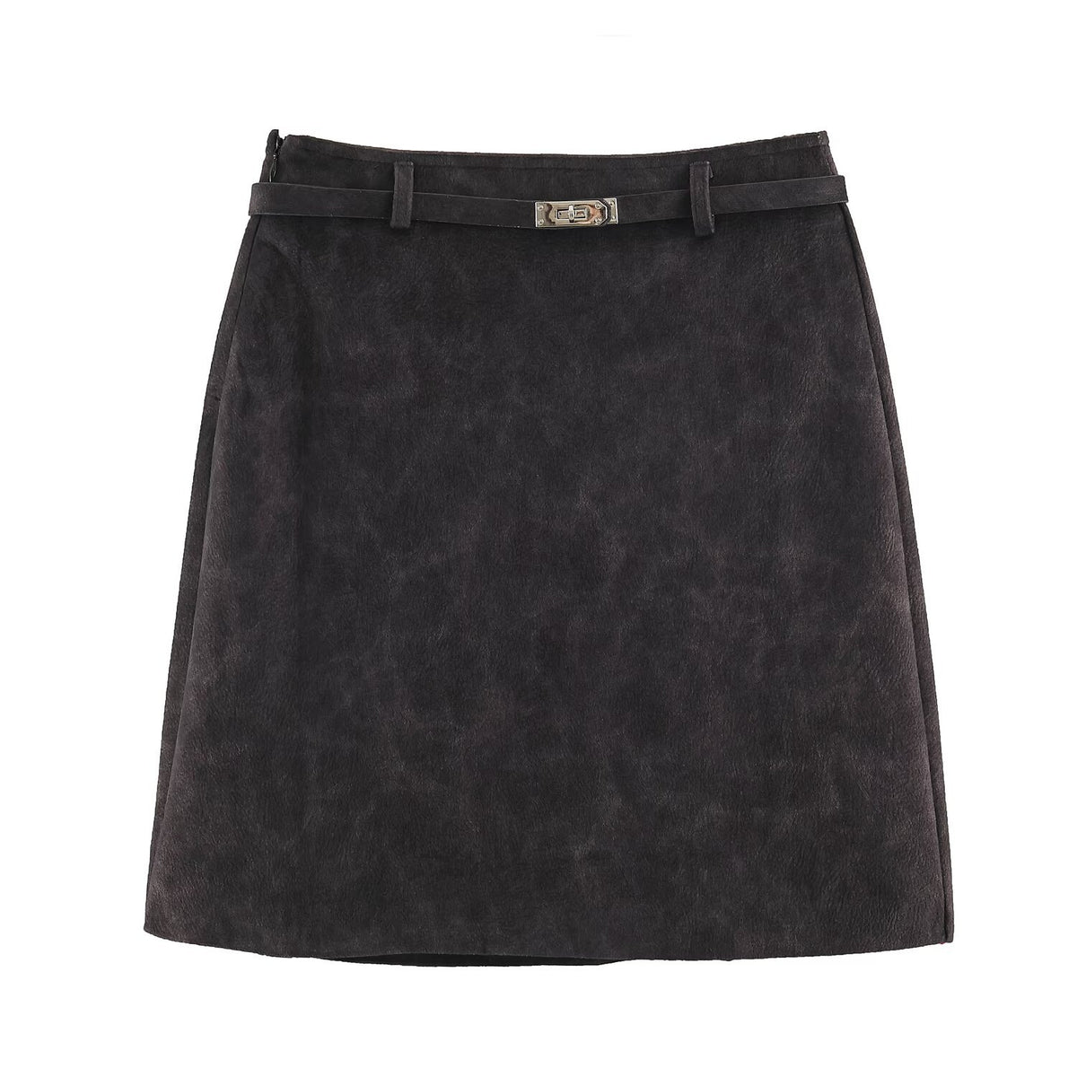 Women A-line mini skirt made of faux suede with narrow decorative belt EVA-US
