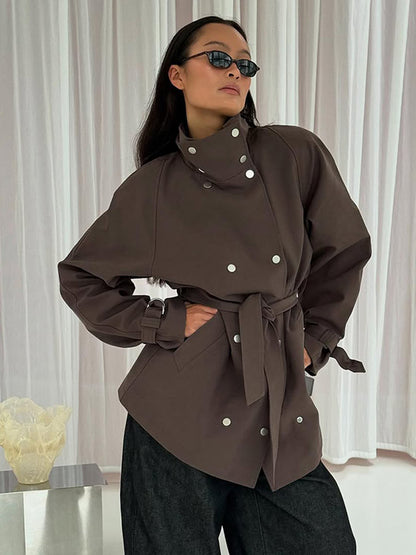 Women's Tailorable Oversize Short Trench with High Stand Collar, Snap Button Front and Tie Belt EVA-US