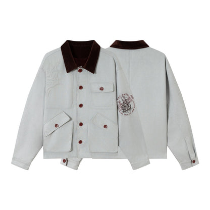 Unisex Boxy Blouson Jacket made of cotton velvet with cord collar, embossed embroidery details and patch pockets EVA-US