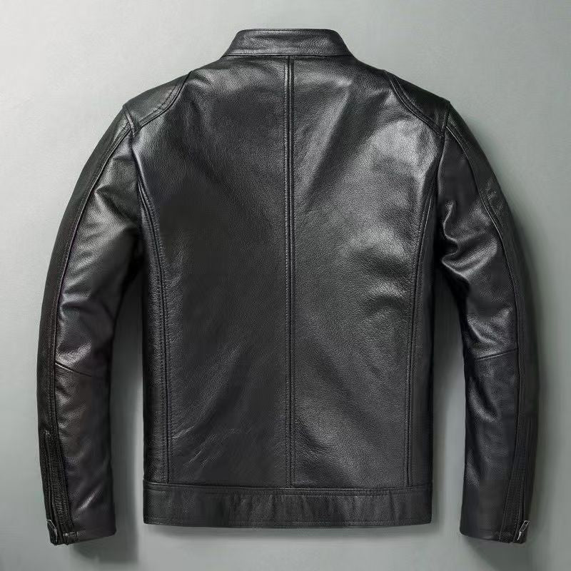 Men's leather jacket in vintage biker style with chest pockets and zipper EVA-US