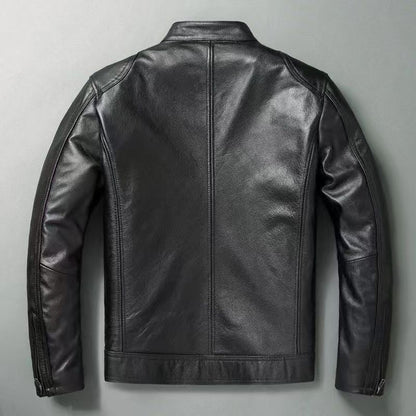 Men's leather jacket in vintage biker style with chest pockets and zipper EVA-US
