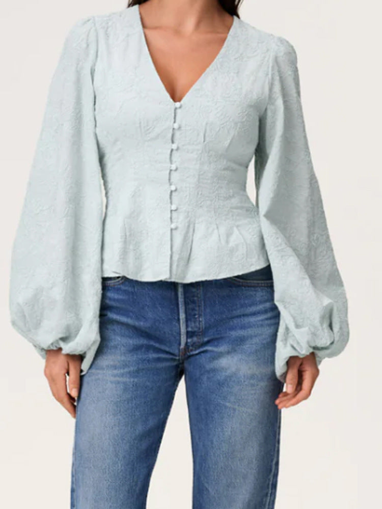 Women’s jacquard lace blouse with tailored peplum and balloon sleeves EVA-US