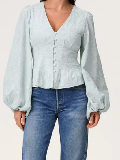 Women’s jacquard lace blouse with tailored peplum and balloon sleeves EVA-US