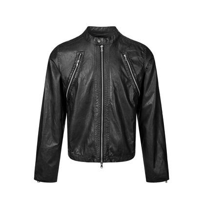 Men's vintage-inspired biker jacket with stand-up collar and two-way zipper EVA-US
