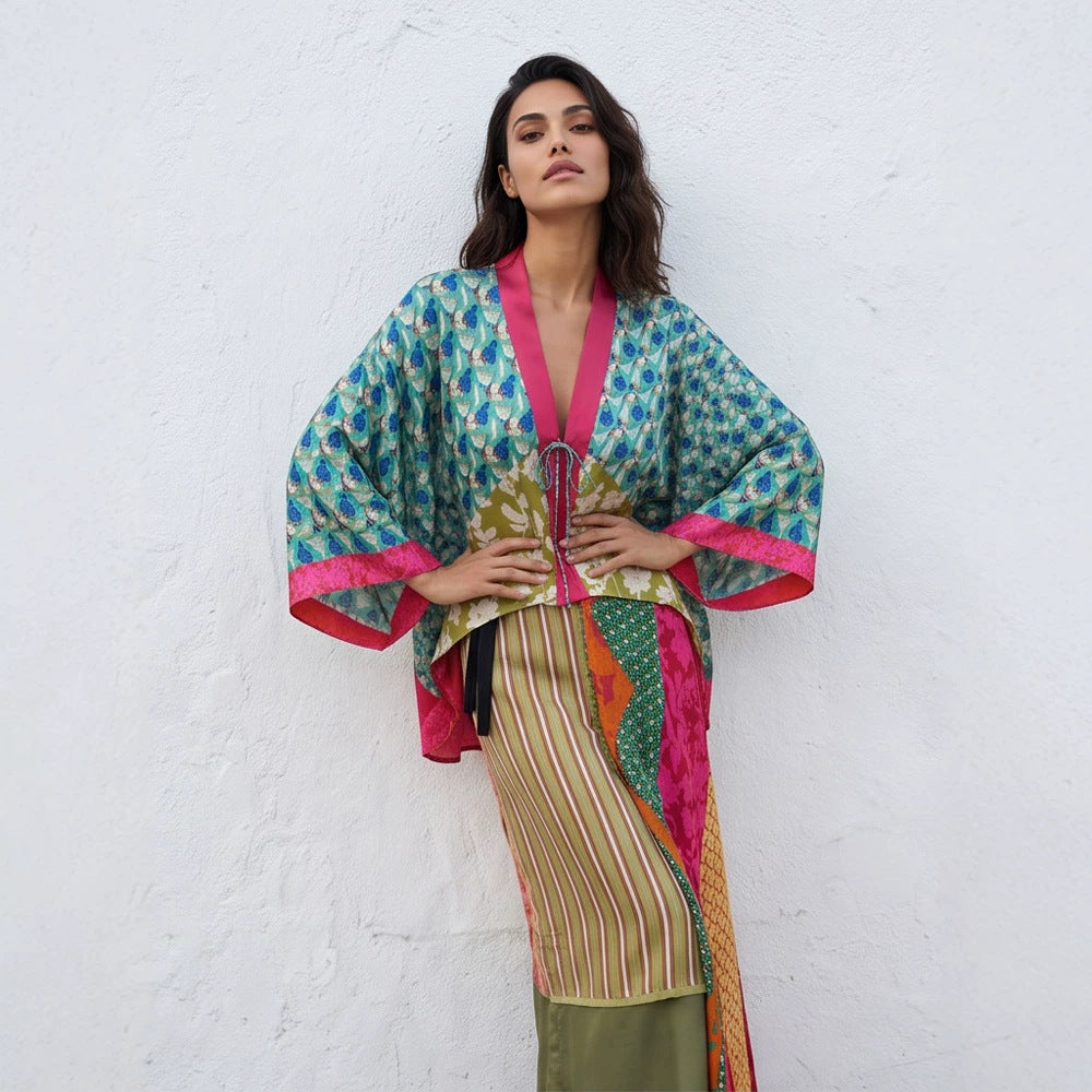 Women's Patchwork Kimono Top made of silk blend with deep V-neck and tie belt EVA-US