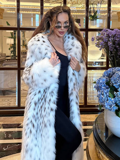 Women's luxurious long plush faux fur coat with opulent fur collar and speckled design EVA-US