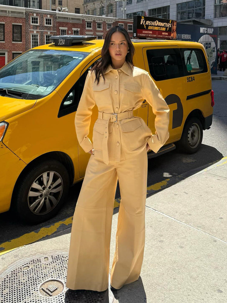 Women's Tailored Utility Jacket in Safari Style with Wide Tie Belt and Flap Pockets