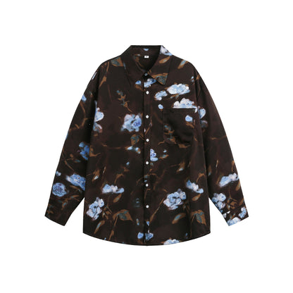 Women's Oversized Shirt Blouse with Floral Watercolor Print and Chest Pocket EVA-US