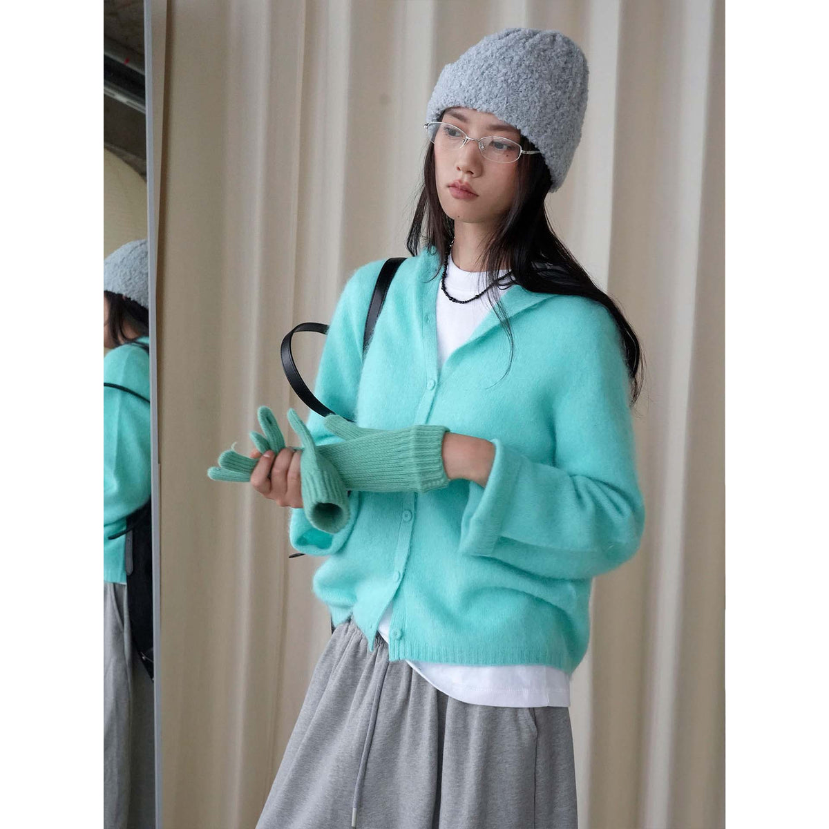 Women Soft Mohair Blend Hooded Button Cardigan with Relaxed Fit EVA-US
