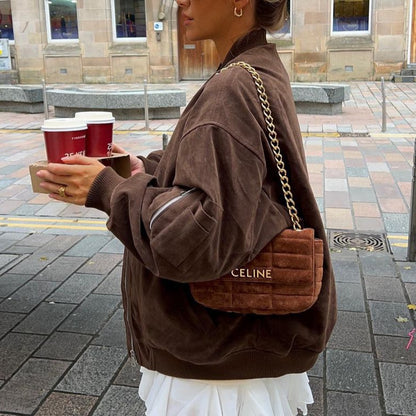 Women's Oversize Suede Bomber Jacket with Zipper & Ribbed Cuffs EVA-US