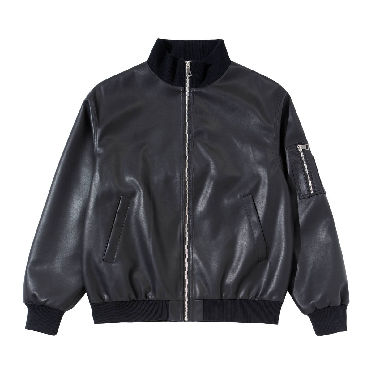 Men's faux leather bomber jacket in boxy cut with high ribbed collar and sleeve utility pocket EVA-US