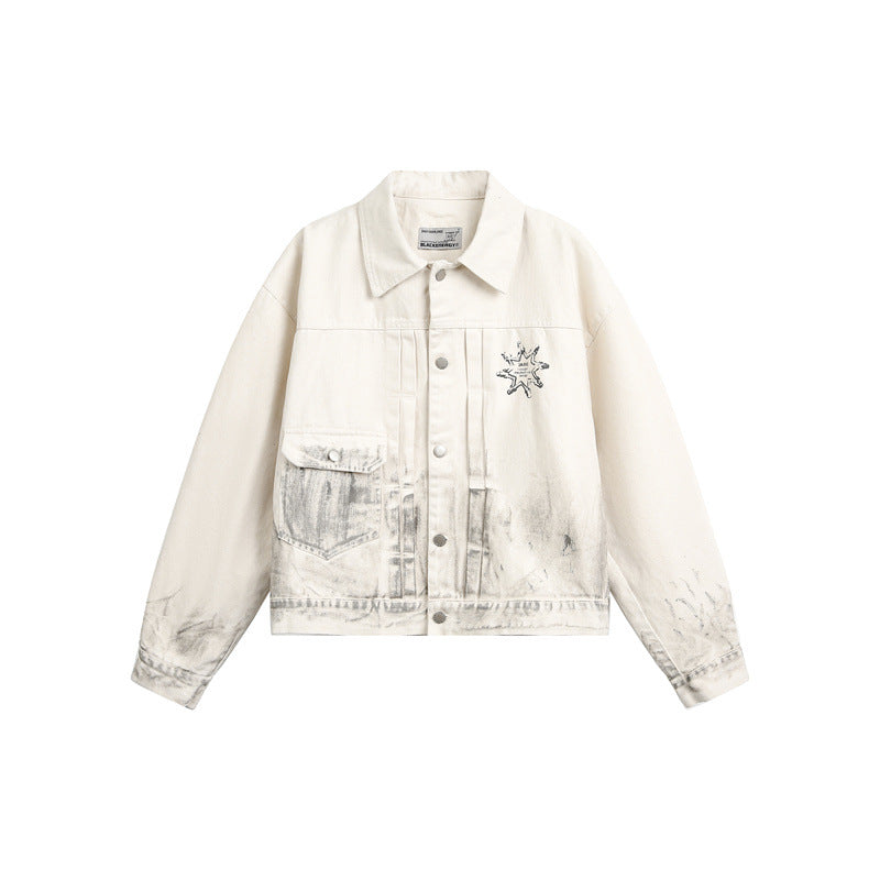 Unisex Boxy Denim Jacket with Worn Paint Effect and Subtle Embroidery EVA-US