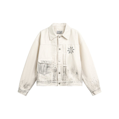 Unisex Boxy Denim Jacket with Worn Paint Effect and Subtle Embroidery EVA-US