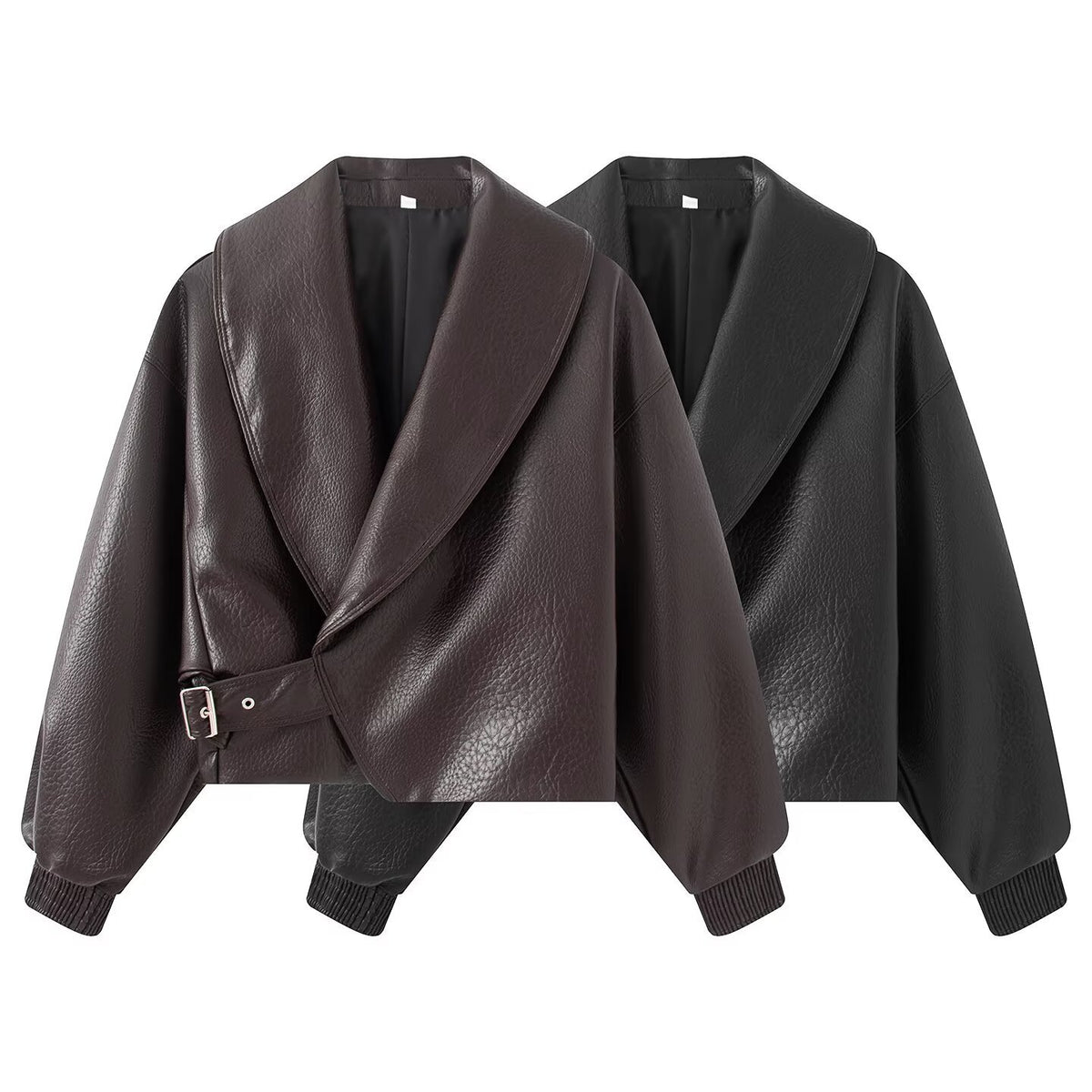 Women's Short Cut Wrap Jacket made of Leather Look with Large Shawl Collar and Waist Belt EVA-US
