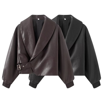 Women's Short Cut Wrap Jacket made of Leather Look with Large Shawl Collar and Waist Belt EVA-US