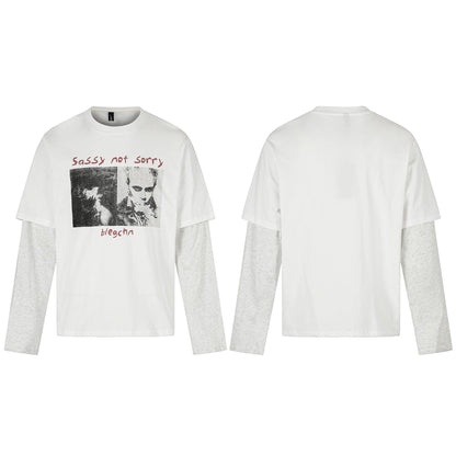 Women Layered Look Long Sleeve with Contrasting Sleeve Inserts and Vintage Print EVA-US