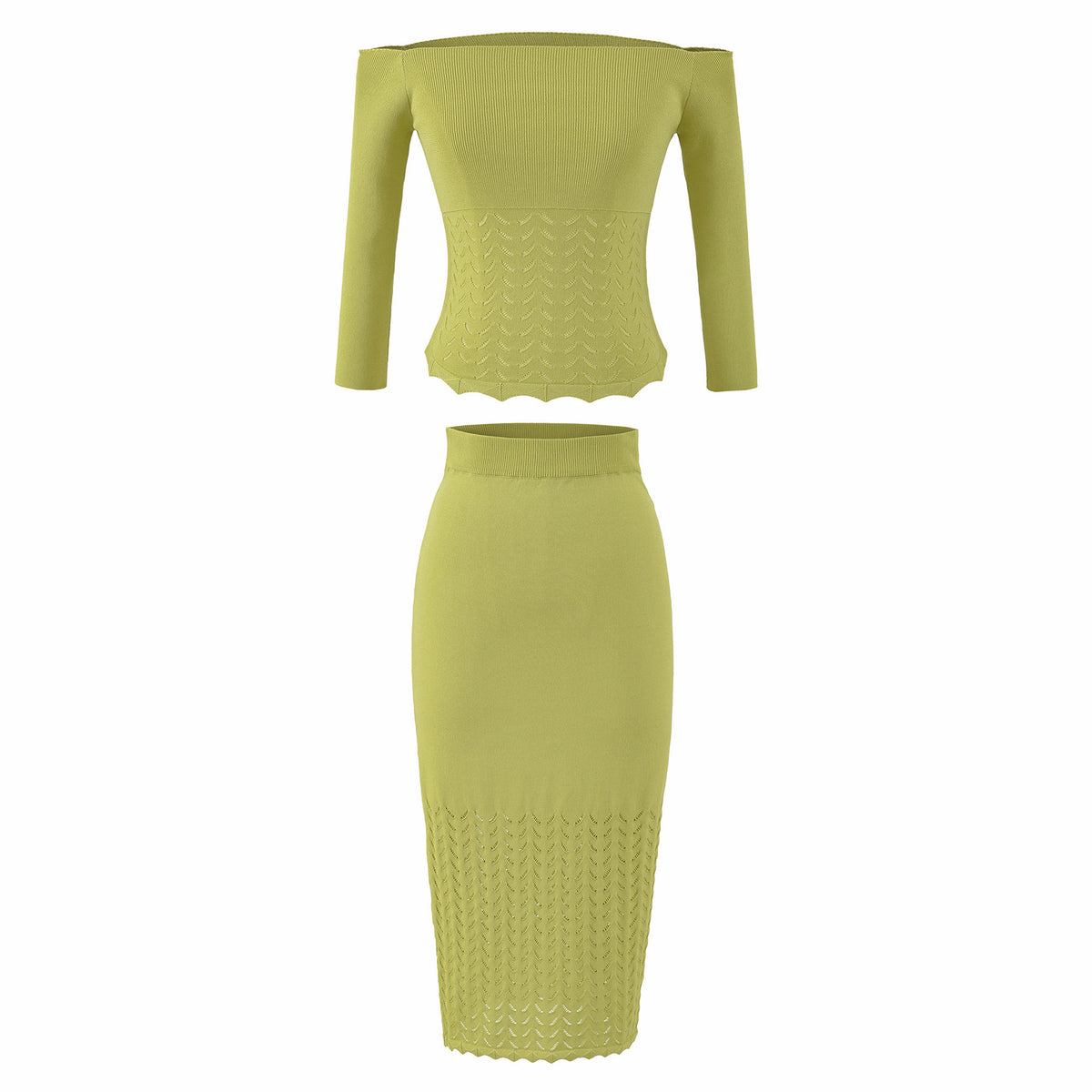 Women's Two-Piece Knit Set with off-the-shoulder Neckline and Bodycon Pencil Skirt EVA-US
