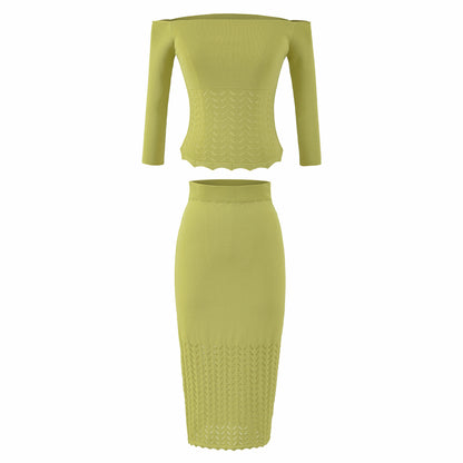 Women's Two-Piece Knit Set with off-the-shoulder Neckline and Bodycon Pencil Skirt EVA-US