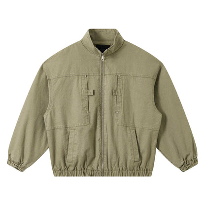 Unisex Short Canvas Field Jacket in Utility Look with High Stand Collar and Elastic Hem EVA-US