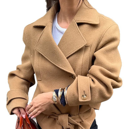 Women's Tailored Wool Blend Short Coat with Tie Belt, Wide Lapels and Button Cuffs EVA-US