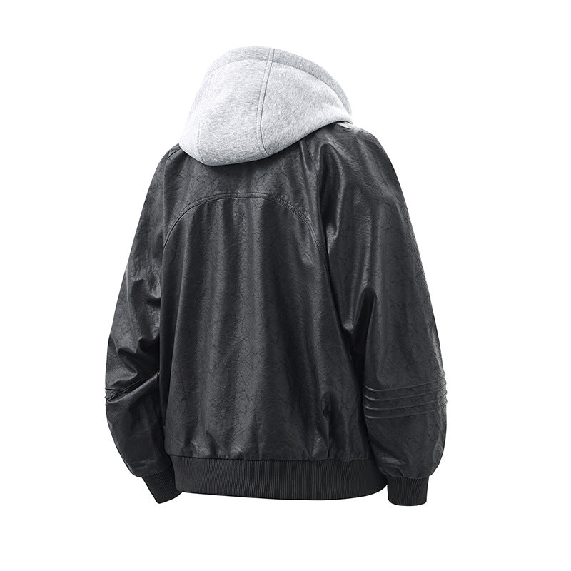 Unisex Wide Cut Faux Leather Bomber Jacket with Contrast Hood and Ribbed Cuffs EVA-US
