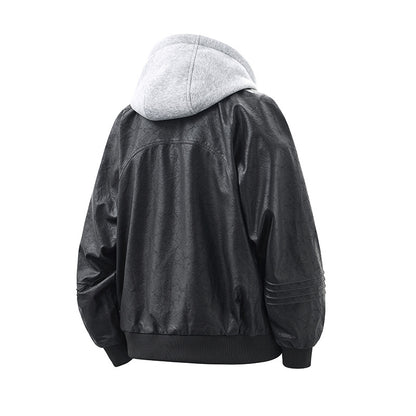Unisex Wide Cut Faux Leather Bomber Jacket with Contrast Hood and Ribbed Cuffs EVA-US