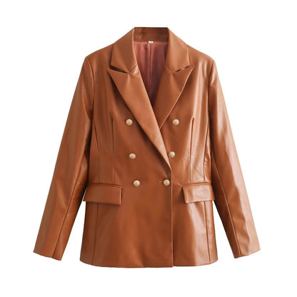 Women's Double-Breasted Faux Leather Blazer with Gold Decorative Buttons and Flap Pockets EVA-US