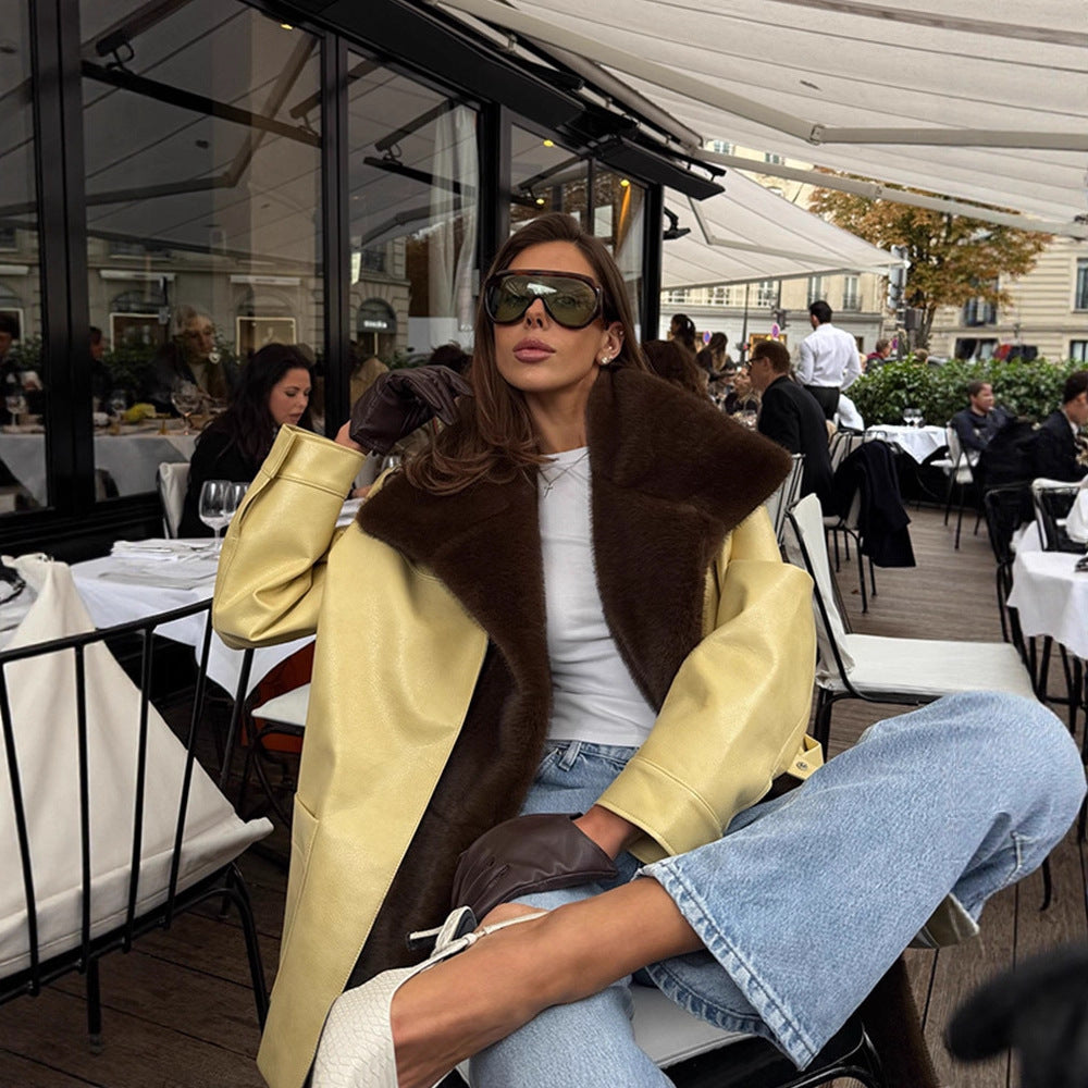 Women Elegant Oversize Coat made of Suede Look with Voluminous Faux Fur Shawl Collar EVA-US