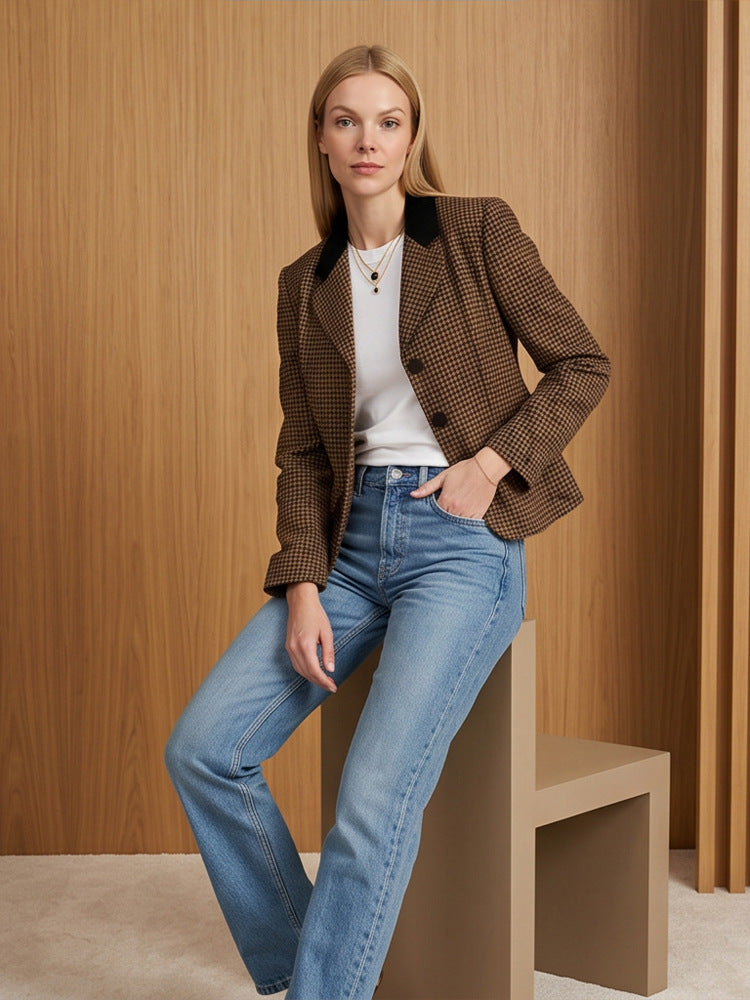 Women Tailored Houndstooth Blazer with Velvet Collar and Two-Button Placket EVA-US
