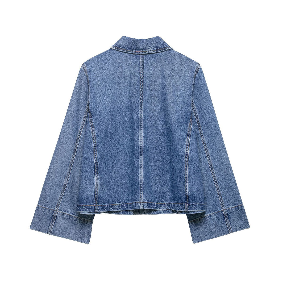 Women's Cropped Oversized Denim Jacket with Large Patch Pockets and Visible Button Placket EVA-US
