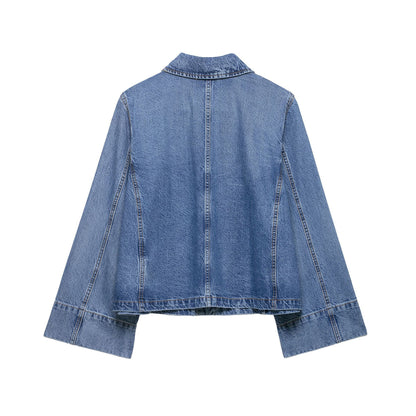 Women's Cropped Oversized Denim Jacket with Large Patch Pockets and Visible Button Placket EVA-US