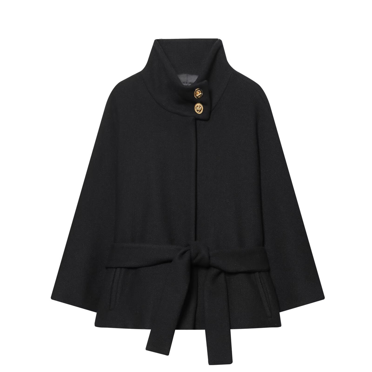 Ladies Cape Coat with Stand Collar, Tie Belt and Decorative Decorative Buttons EVA-US