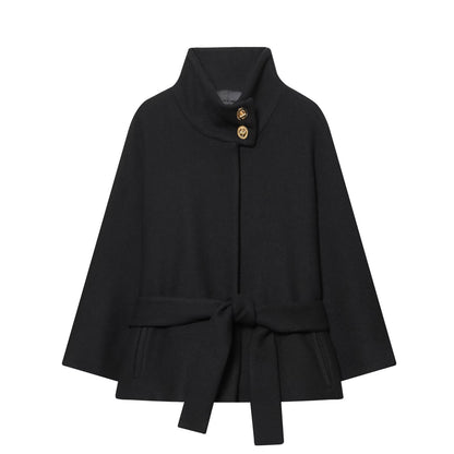 Ladies Cape Coat with Stand Collar, Tie Belt and Decorative Decorative Buttons EVA-US