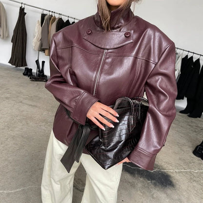 Women's Boxy Faux Leather Jacket with High Stand Collar, Front Zip and Waist Belt EVA-US
