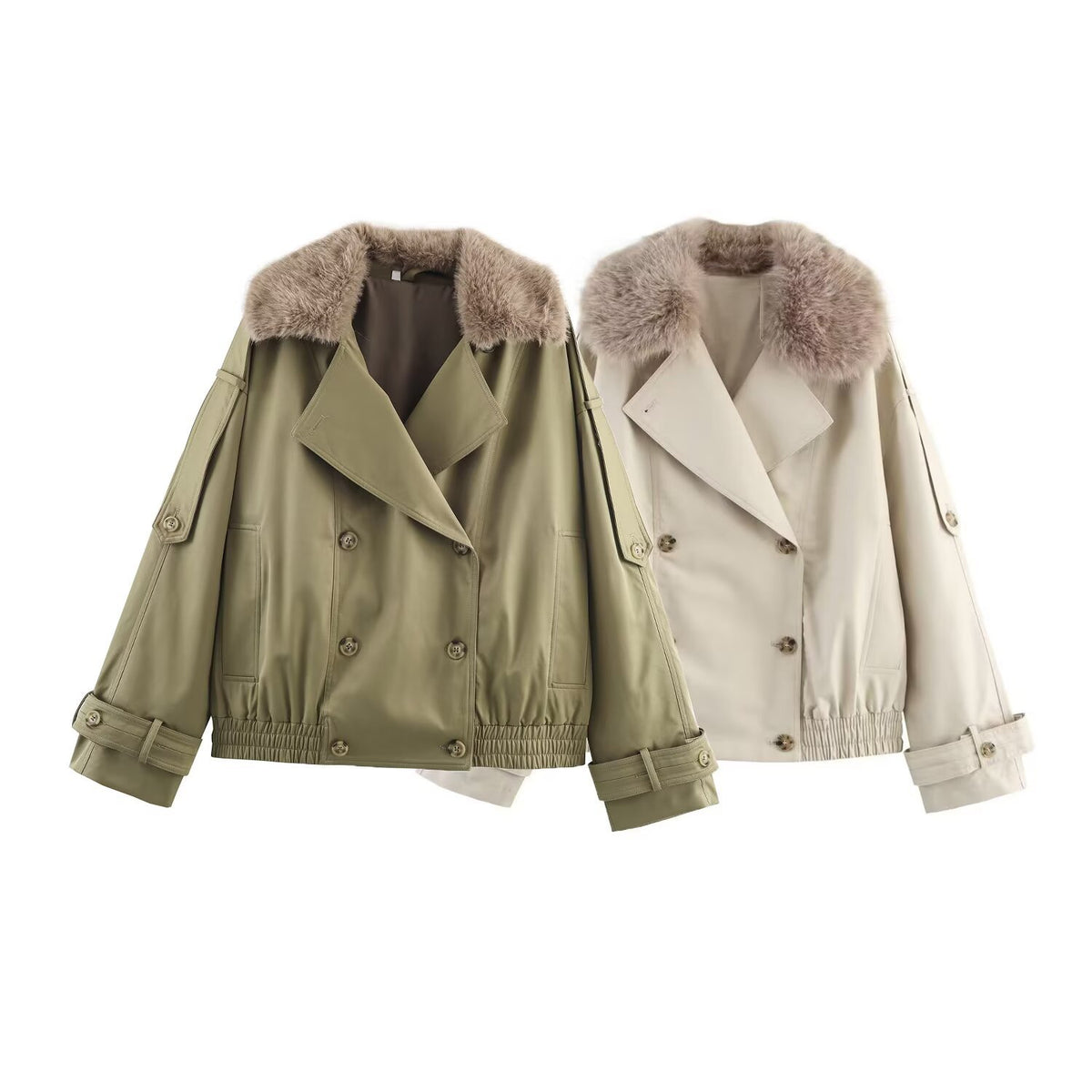 Women's short jacket in blouson trench style with detachable faux fur collar EVA-US